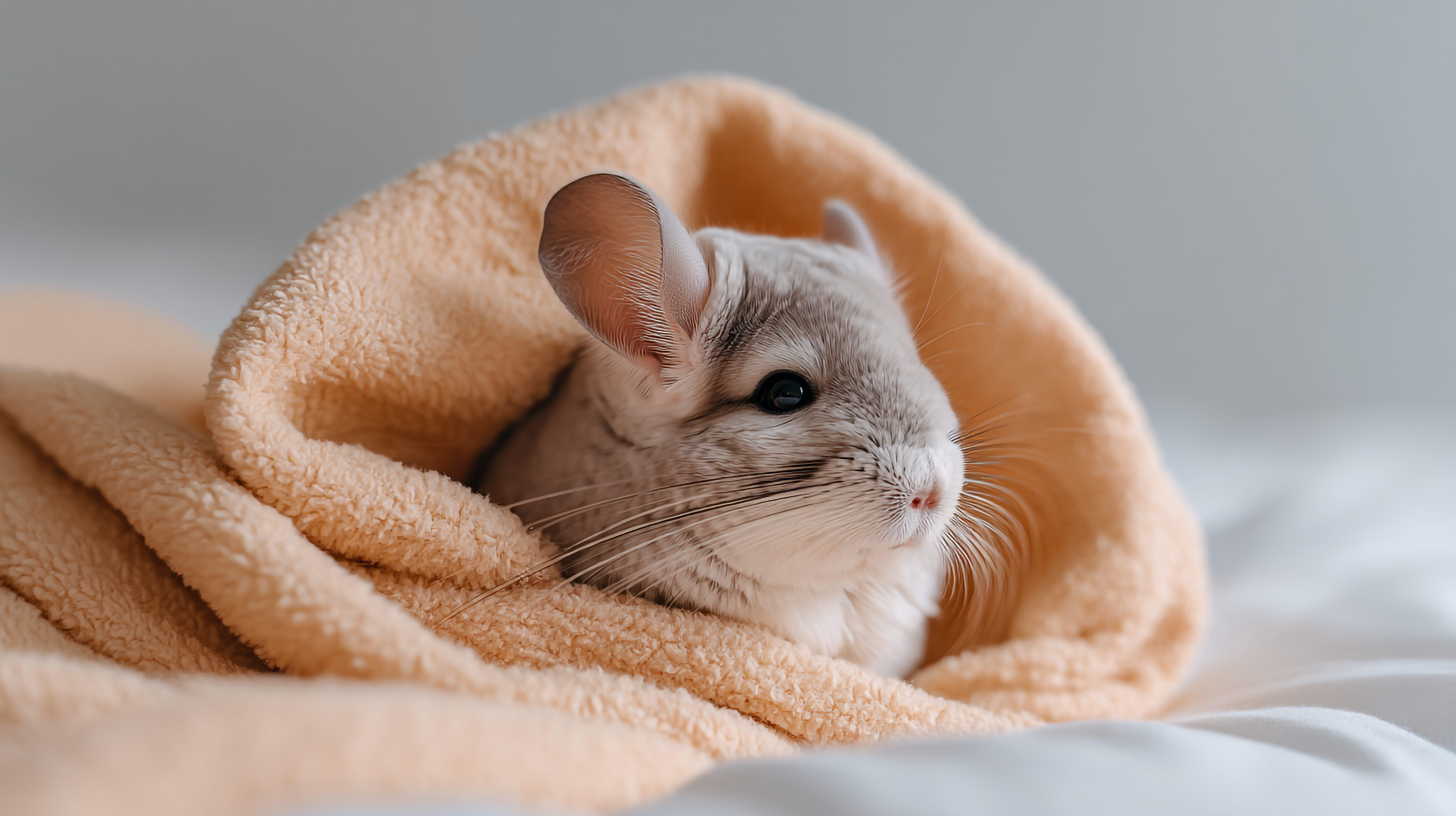 Cute chinchilla wrapped in towel adorable pet rodent exotic animal small mammal domestic animal chinchilla care Vet holding a black and white bunny